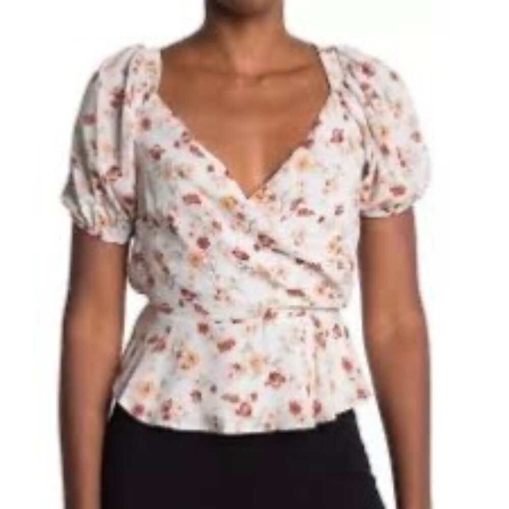 ASTR‎ The Label Top Size XS Xsmall Floral Puff Sleeve Wrap Blouse Taupe Rust